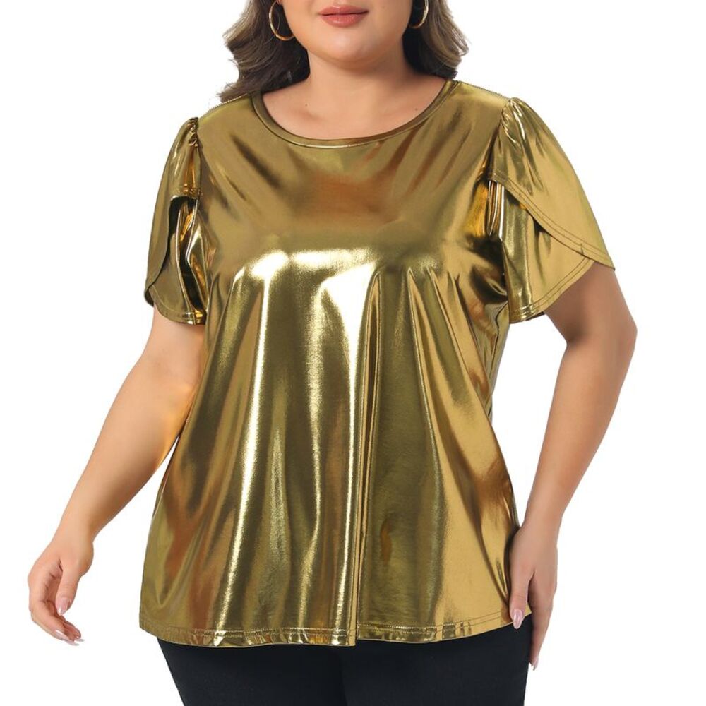 Women Plus Size Metallic Crew Neck Tulip Sleeve Party Top Gold